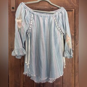 Blue striped boho rough edge embroidered shirt large